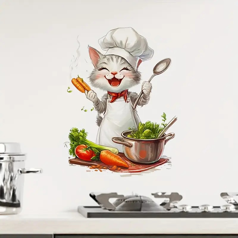 Home Cooking For Cats - 漫画猫クッキングステッカー、アートウォール、自宅、キャビネット、冷蔵庫、ドア、トイレ、装飾、ビニール車デカール