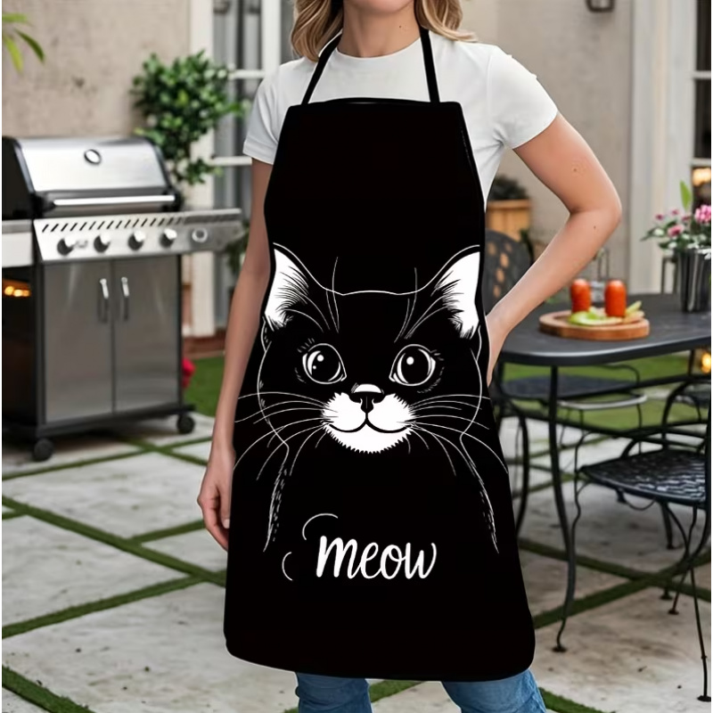 Home Cooking For Cats - かわいい黒猫プリントエプロン、1枚組、家庭用BBQ調理＆家事用エプロン、汚れにくく洗いやすい