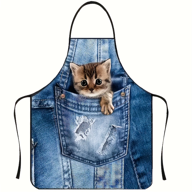 Home Cooking For Cats - かわいいデニムブルーポケットキャットキッチンエプロン1個、料理、ベーキング、ホームクリーニング、バーベキュー、アウトドアパーティーに最適