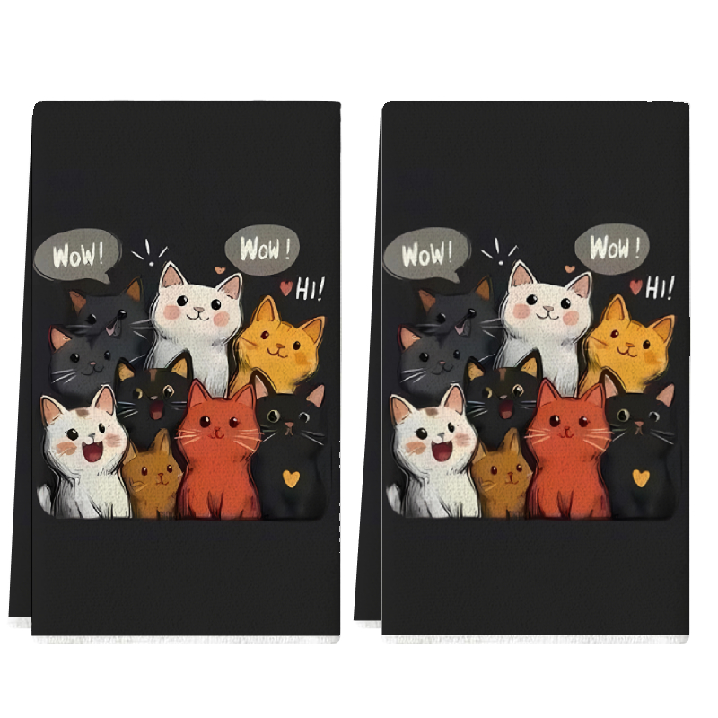 Home Cooking For Cats - 2枚セット、黒背景の猫柄キッチンタオル、40cm*60cmタオルセット、超吸収性ソフトクリーニングクロス、クッキング＆ベーキングティータオル、ハンドタオル、クリーニングクロス、ディッシュクロス、キッチン装飾、リビングルーム装飾、キッチン必需品、家庭必需品