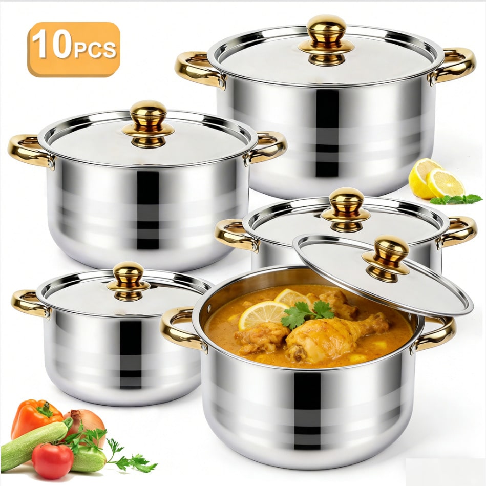 Home Cooking Restaurants - ステンレス製鍋セット モダンラグジュアリー調理器具 ストックポットセット シルバーボディ ゴールドハンドル 10点セット