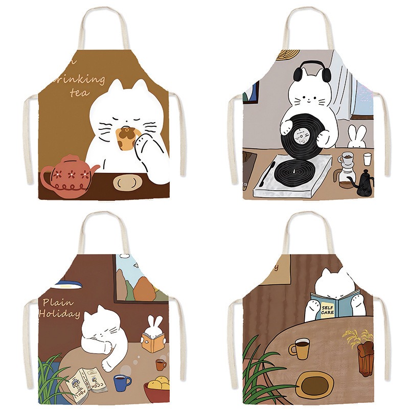 かわいい白猫プリントエプロン居心地の良いコーヒーティータイム - Home Cooking For Cats のレビューと価格