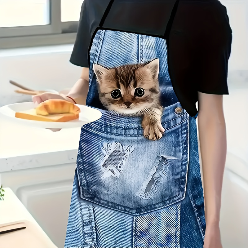 かわいいデニムブルーポケットキャットキッチンエプロン1個、料 - Home Cooking For Cats のレビューと価格