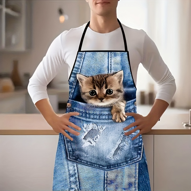 かわいいデニムブルーポケットキャットキッチンエプロン1個、料 - Home Cooking For Cats のレビューと価格