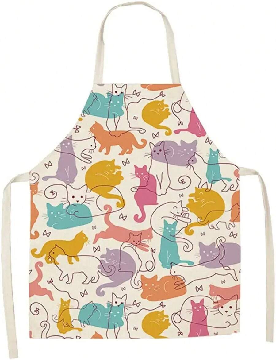 かわいいカラフルな猫柄キッチンエプロン漫画猫デザインリネン調 - Home Cooking For Cats のレビューと価格
