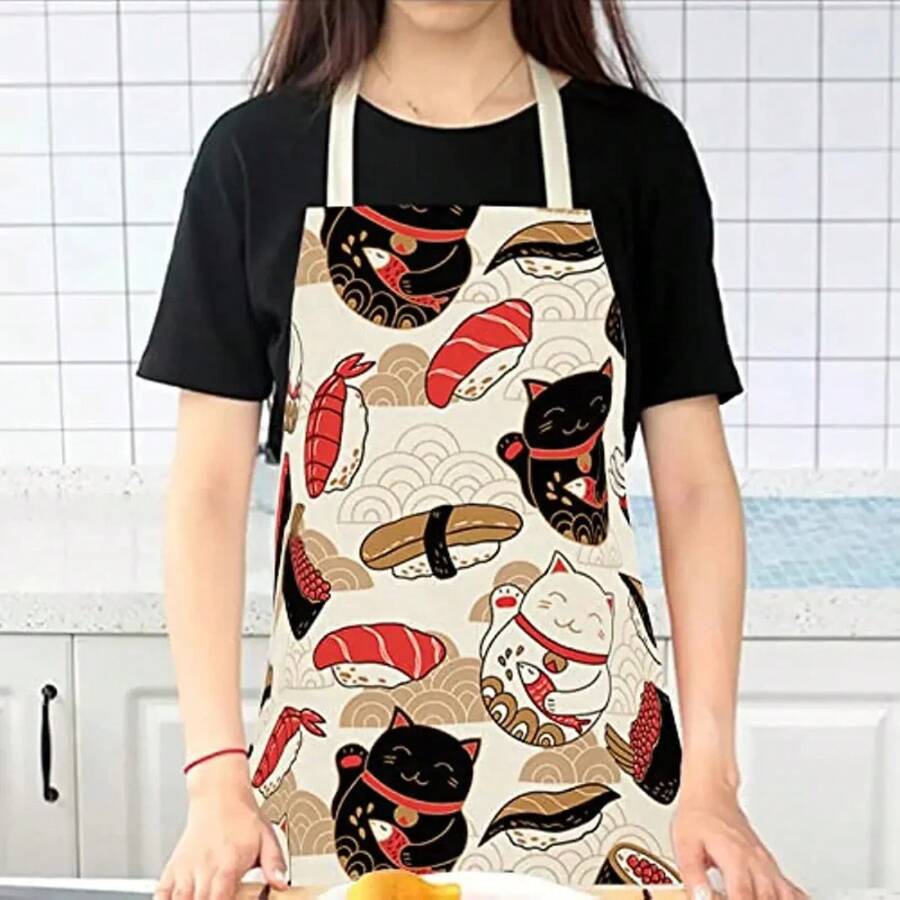 かわいいカラフルな猫柄キッチンエプロン漫画猫デザインリネン調 - Home Cooking For Cats のレビューと価格