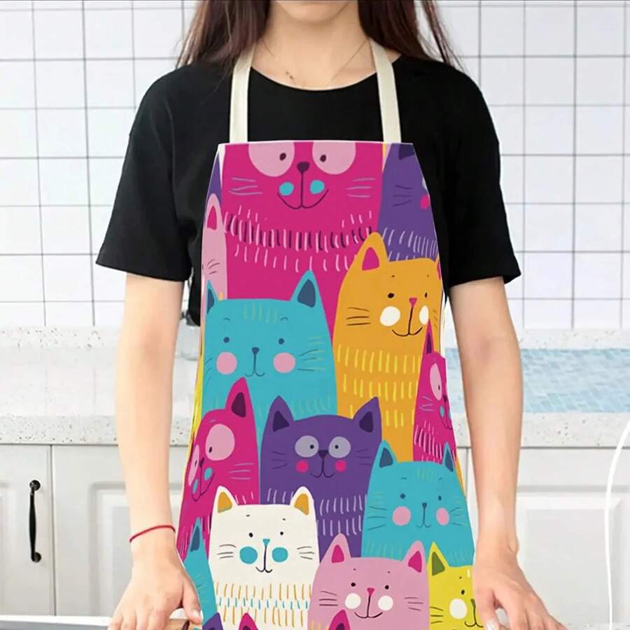 かわいいカラフルな猫柄キッチンエプロン漫画猫デザインリネン調 - Home Cooking For Cats のレビューと価格